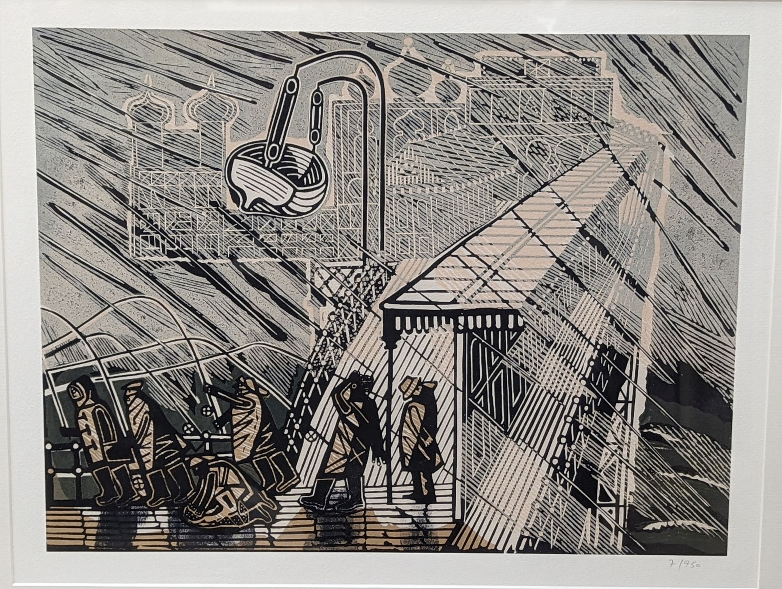 After Edward Bawden (1903- 1989), limited edition print, Fishermen on the wharf, 7/950, 34 x 43cm